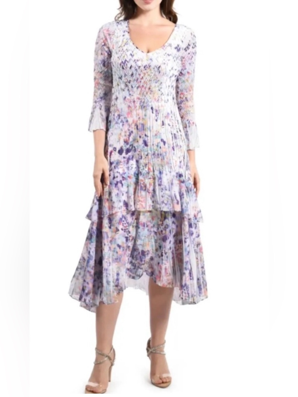 Komarov V-Neck 3/4 Sleeve Charmeuse Chiffon Tiered Dress Confetti